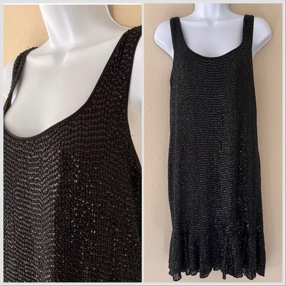 Diane Von Furstenberg Black Shift Dress 6 Silk Sequin Bead Swing Cocktail Party